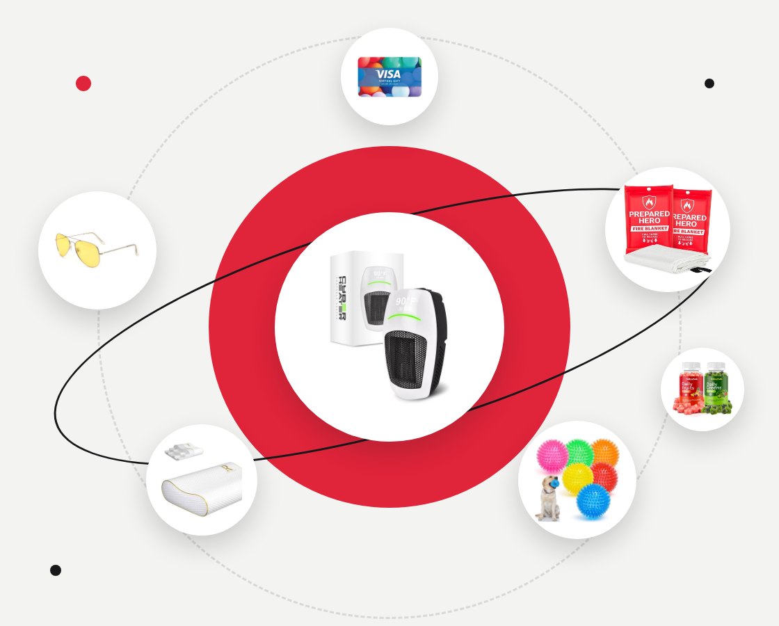 Products from the store arranged in orbit around a red planet
